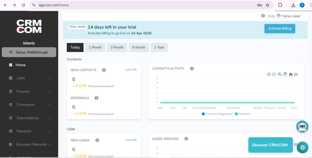 CRM.COM dashboard interface for Bilanly startup lead management 2026
